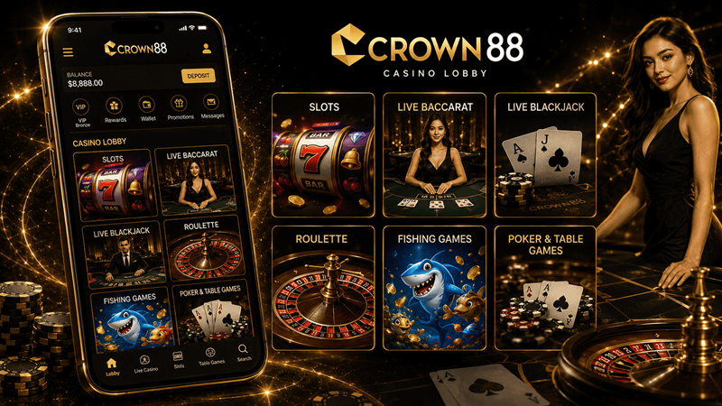 live casino, slots, fishing games on crown88 sg
