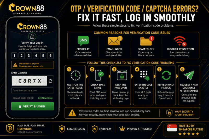 Crown88 login OTP captcha error guide for Singapore players fixing verification code problems