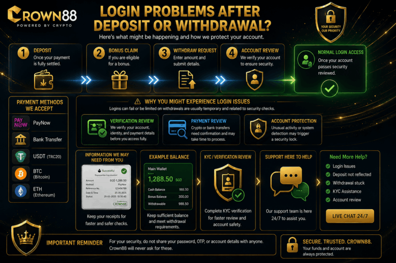 Crown88 login problem after deposit or withdrawal request with wallet verification and support checks